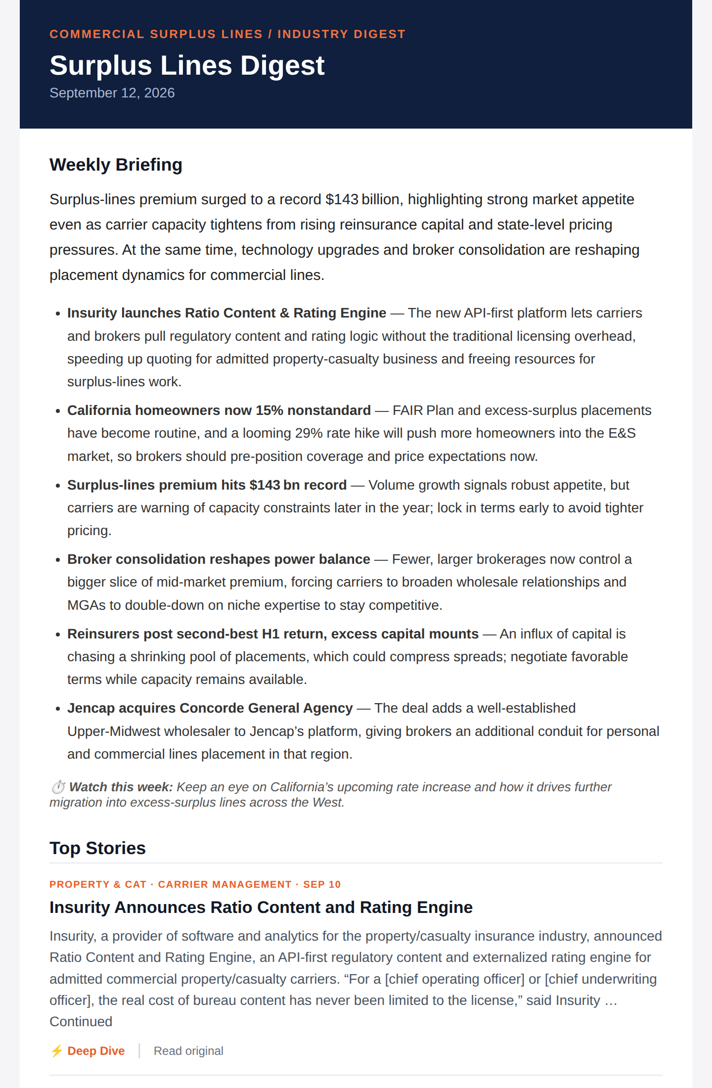 Latest Surplus Lines Digest